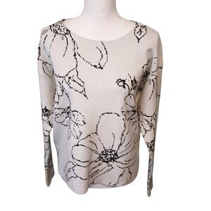 Tahari‎ Pullover Floral Sweater Back Button Detail White/Black Women's Size M